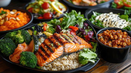 A healthy feast with a variety of dishes, including grilled salmon, steamed broccoli, brown rice, and a large salad with mixed greens.の素材