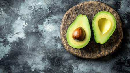 A fresh green avocado cut in half, revealing its creamy inside and seed, set on a rustic wooden board.の素材