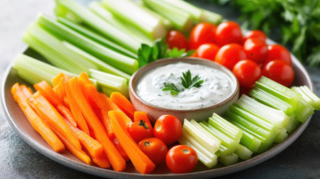 A fresh vegetable platter with celery, carrots, cherry tomatoes, and bell pepper strips, served with a healthy dip on the side.の素材