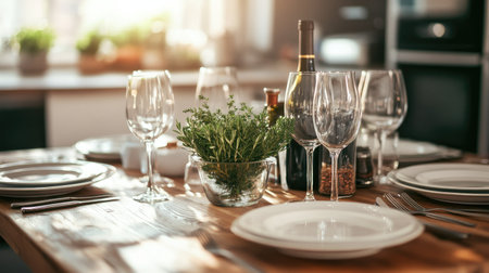 A kitchen table set for dinner with plates, cutlery, wine glasses, and a centerpiece of fresh herbs, ready for a family meal.の素材