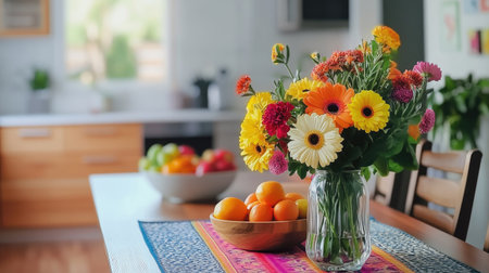 A kitchen table decorated with a colorful table runner, fresh flowers in a vase, and a bowl of fresh fruit, creating a vibrant look.の素材
