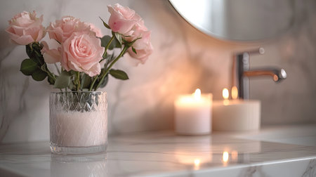A luxurious bathroom setting with a marble vanity, featuring a small vase of fresh roses and a lit candle, creating a spa-like atmosphere.の素材