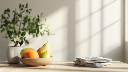 A modern kitchen table with a minimalist setting, featuring a fruit bowl, a potted plant, and a stack of magazines on a light wooden surface.の素材