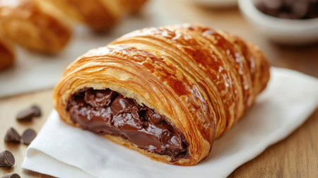 A mouth-watering image of a chocolate croissant with a flaky, golden crust and a rich chocolate filling, placed on a white napkin. Classic and delicious.の素材