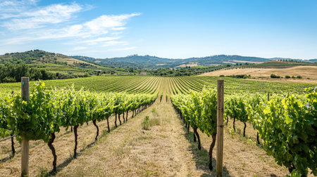 A picturesque view of a green vineyard stretching into the distance, with rows of grapevines under a clear, sunny sky.の素材