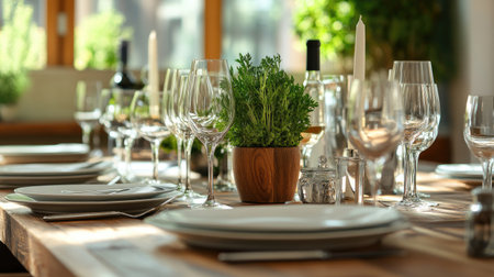 A kitchen table set for dinner with plates, cutlery, wine glasses, and a centerpiece of fresh herbs, ready for a family meal.の素材