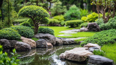 A serene zen garden with green bonsai trees, smooth stones, and a small pond, evoking tranquility and peace.の素材