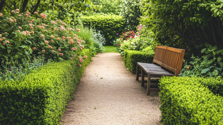 A serene garden pathway lined with green hedges, leading to a quaint wooden bench surrounded by flowering plants.の素材