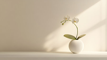 A minimalist interior with a sleek white vase holding a single stem of a blooming orchid, set against a plain background for a modern look.の素材