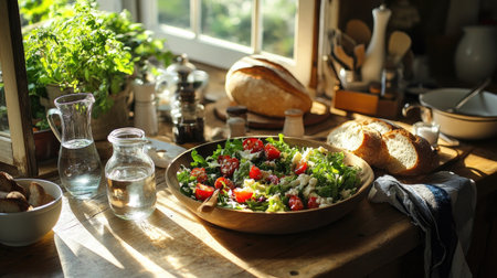 A kitchen table with a freshly made salad, a loaf of bread, and a jug of water, ready for a healthy lunch.の素材