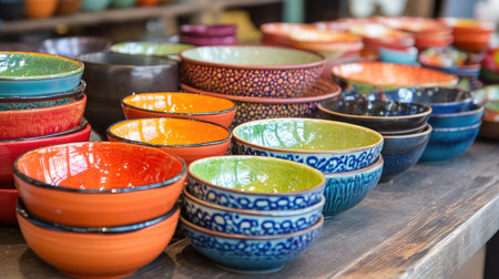 A kitchen table with an assortment of colorful ceramic bowls and plates, showcasing a vibrant tableware collection.の素材