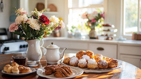 A kitchen table set with an assortment of pastries, a pot of coffee, and fresh flowers in a vase, creating a welcoming brunch setup.の素材