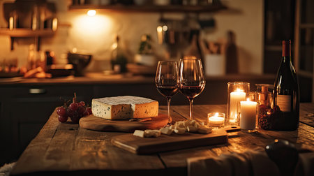 A rustic kitchen table with a cheese board, wine glasses, and candles, set against a backdrop of a warm, inviting kitchen.の素材
