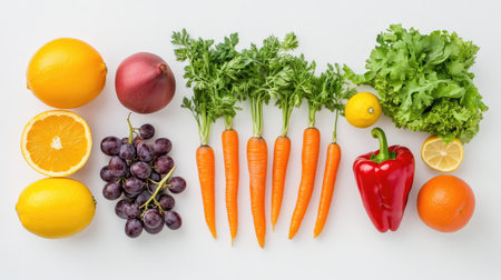 A top-down view of a colorful array of fruits and vegetables, including bell peppers, carrots, grapes, and citrus fruits, arranged on a white background.の素材