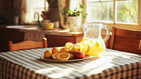 A sunlit kitchen table with a checkered tablecloth, a pitcher of fresh lemonade, and a plate of sliced fruit, creating a summer vibe.の素材