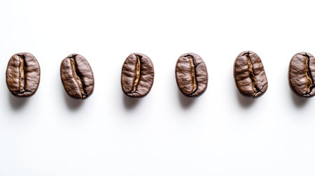 A neat row of coffee beans aligned perfectly in a line, showcasing their rich brown tones against a pure white background.の素材