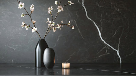 A minimalist kitchen table with a black marble surface, holding a sleek vase with a single flower and a candle for a modern touch.の素材