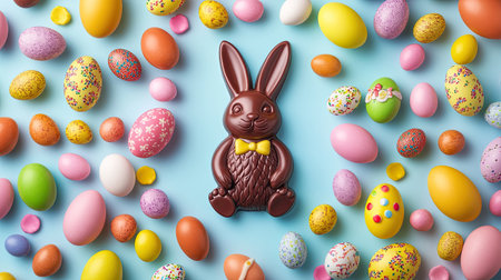 A playful image of a chocolate Easter bunny surrounded by colorful eggs and candy, set against a bright spring-themed backdrop. Festive and fun.の素材