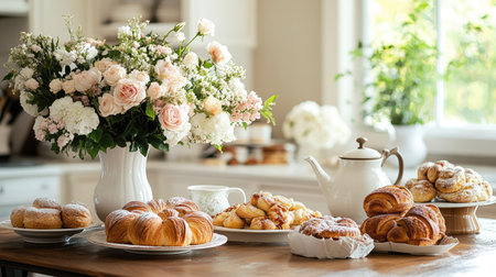 A kitchen table set with an assortment of pastries, a pot of coffee, and fresh flowers in a vase, creating a welcoming brunch setup.の素材