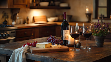 A rustic kitchen table with a cheese board, wine glasses, and candles, set against a backdrop of a warm, inviting kitchen.の素材