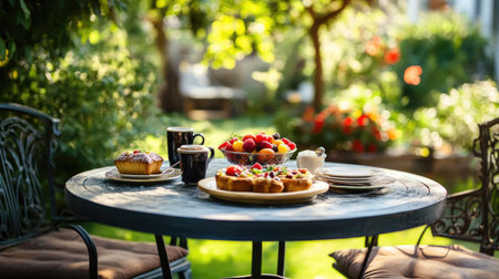 A picturesque outdoor breakfast setting with a small table set with pastries, coffee, and a bowl of fruit salad.の素材
