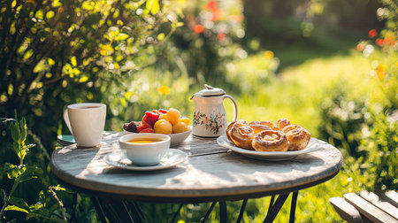 A picturesque outdoor breakfast setting with a small table set with pastries, coffee, and a bowl of fruit salad.の素材