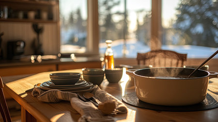 A warm kitchen table with a pot of soup, a ladle, and bowls, creating a comforting winter meal scene.の素材