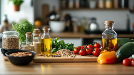 A wide selection of healthy oils, nuts, seeds, and fresh vegetables, arranged neatly on a kitchen countertop for a cooking preparation scene.の素材