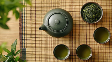 A top-down view of a green tea set with a teapot, cups, and fresh green tea leaves arranged neatly on a bamboo mat.の素材