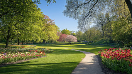 A verdant green park with a walking path, lined with trees and blooming flowers under a clear blue sky.の素材