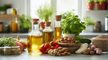 A wide selection of healthy oils, nuts, seeds, and fresh vegetables, arranged neatly on a kitchen countertop for a cooking preparation scene.の素材