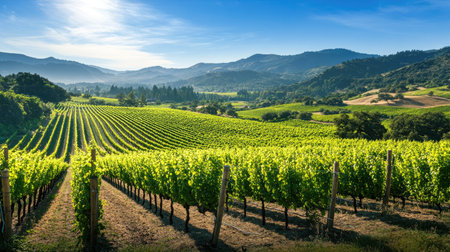 A picturesque view of a green vineyard stretching into the distance, with rows of grapevines under a clear, sunny sky.の素材