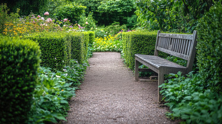 A serene garden pathway lined with green hedges, leading to a quaint wooden bench surrounded by flowering plants.の素材