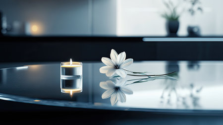 A sleek, modern kitchen table with a clear glass surface, featuring a minimalist arrangement of a single flower and a small candle.の素材