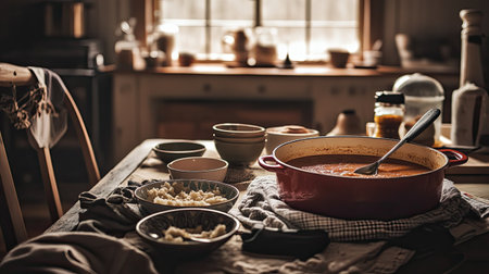 A warm kitchen table with a pot of soup, a ladle, and bowls, creating a comforting winter meal scene.の素材