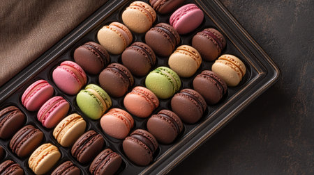 A whimsical arrangement of chocolate macarons in pastel colors, with a mix of flavors like raspberry, pistachio, and salted caramel, displayed on a tray.の素材