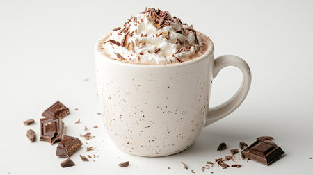A white coffee mug with frothy hot chocolate topped with whipped cream and chocolate shavings, set against a plain white background.の素材