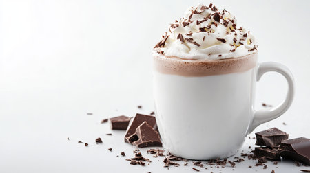 A white coffee mug with frothy hot chocolate topped with whipped cream and chocolate shavings, set against a plain white background.の素材