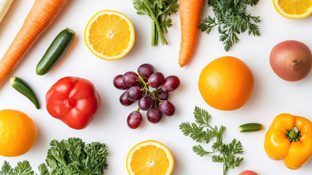A top-down view of a colorful array of fruits and vegetables, including bell peppers, carrots, grapes, and citrus fruits, arranged on a white background.の素材