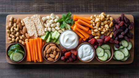 A variety of healthy snacks, such as nuts, dried fruits, yogurt, and vegetable sticks, neatly arranged on a wooden board.の素材