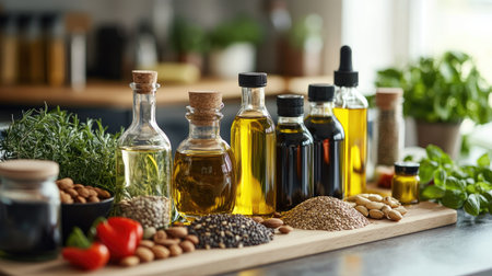 A wide selection of healthy oils, nuts, seeds, and fresh vegetables, arranged neatly on a kitchen countertop for a cooking preparation scene.の素材