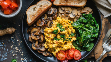 A vibrant breakfast platter with scrambled tofu, sauted mushrooms, spinach, and whole grain toast.の素材