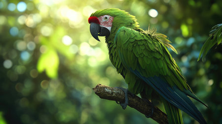 A vibrant green parrot perched on a branch, with its feathers ruffled and eyes bright, against a blurred jungle backdrop.の素材