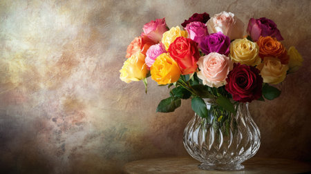 A vibrant mix of roses in various colors placed in a vintage crystal vase, set against a textured wall for a timeless, romantic ambiance.の素材