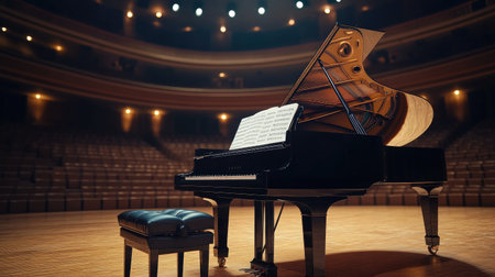 A beautiful grand piano in an empty concert hall, with the lid open and sheet music on the stand, ready for the next performance.の素材