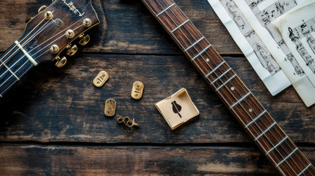 A beautiful flat lay of musical accessories including guitar picks, a capo, and sheet music, arranged creatively on a wooden surface.の素材