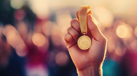 A close-up of a hand holding a gold medal, with blurred background of a cheering crowd, symbolizing success and victory in a competition.の素材