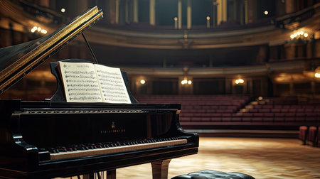 A beautiful grand piano in an empty concert hall, with the lid open and sheet music on the stand, ready for the next performance.の素材