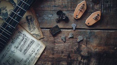 A beautiful flat lay of musical accessories including guitar picks, a capo, and sheet music, arranged creatively on a wooden surface.の素材
