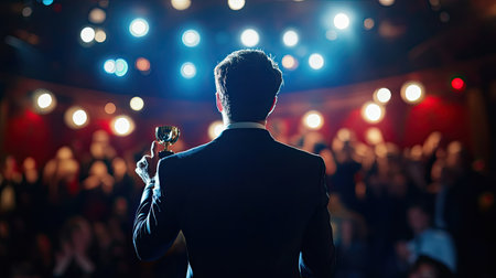 A business leader standing on stage, holding an award, with an audience clapping and cheering in the background, celebrating corporate success.の素材